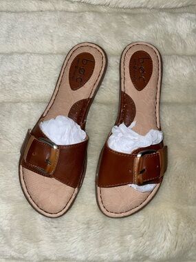 b.o.c. Cognac Leather Buckle Slide Sandals